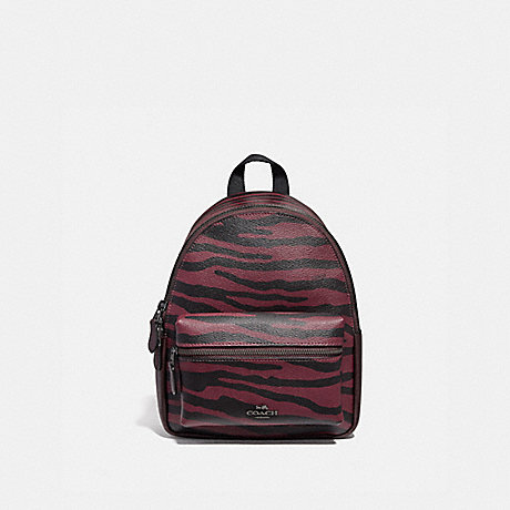 COACH F37880 MINI CHARLIE BACKPACK WITH TIGER PRINT DARK RED/BLACK ANTIQUE NICKEL