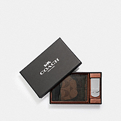BOXED 3-IN-1 CARD CASE GIFT SET IN SIGNATURE CANVAS WITH HALFTONE CAMO PRINT - COACH F37882 - GREEN MULTI/NICKEL