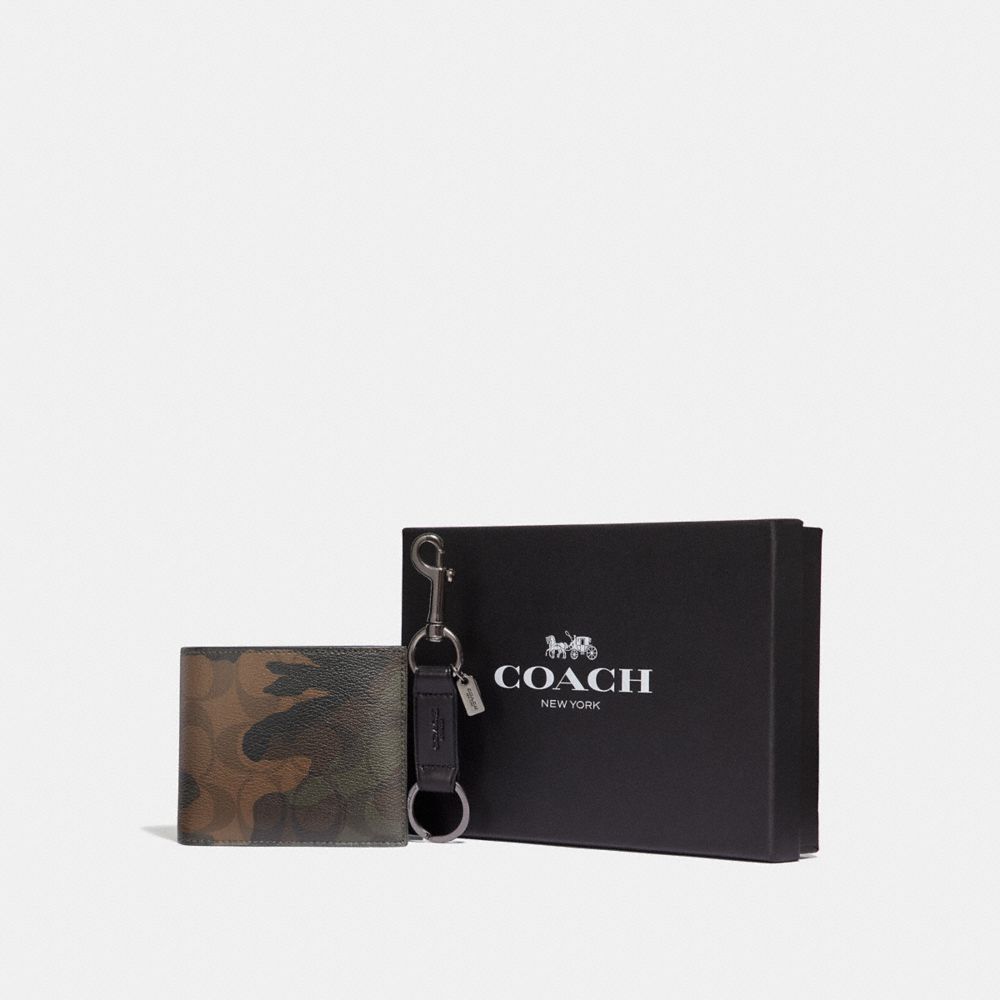 BOXED 3-IN-1 WALLET GIFT SET IN SIGNATURE CANVAS WITH HALFTONE CAMO PRINT - COACH F37884 - GREEN MULTI/BLACK ANTIQUE NICKEL