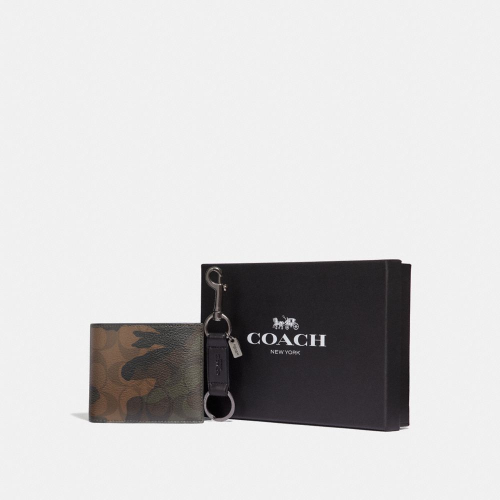 COACH F37884 BOXED 3-IN-1 WALLET GIFT SET IN SIGNATURE CANVAS WITH HALFTONE CAMO PRINT GREEN MULTI/BLACK ANTIQUE NICKEL