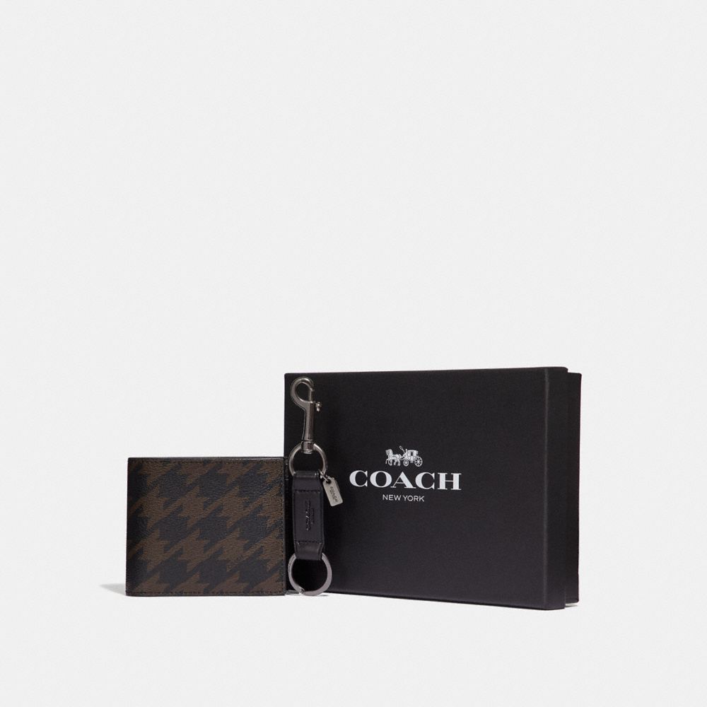 BOXED COMPACT ID WALLET GIFT SET WITH HOUNDSTOOTH PRINT - F37885 - GREY MULTI/BLACK ANTIQUE NICKEL