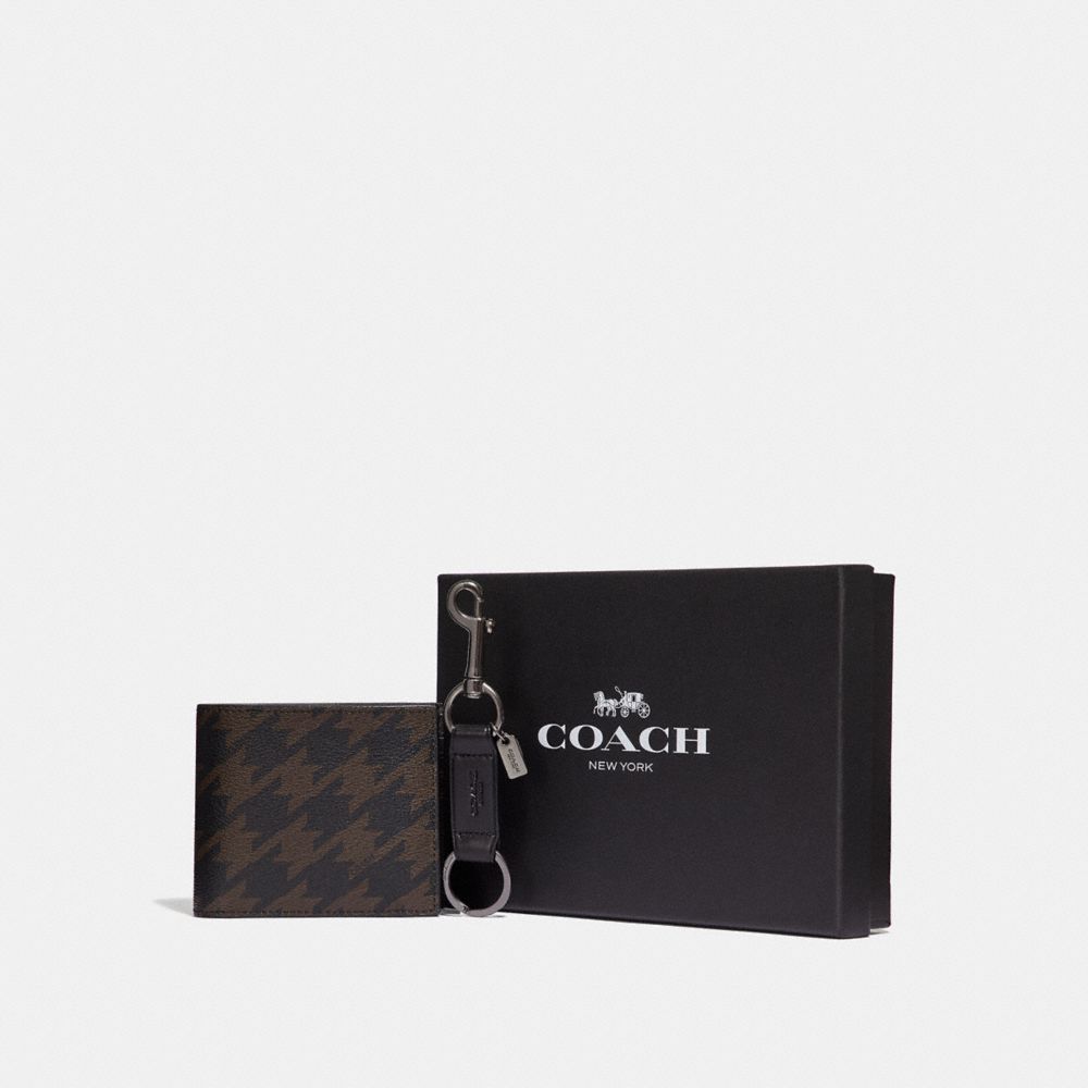 COACH F37885 BOXED COMPACT ID WALLET GIFT SET WITH HOUNDSTOOTH PRINT GREY MULTI/BLACK ANTIQUE NICKEL