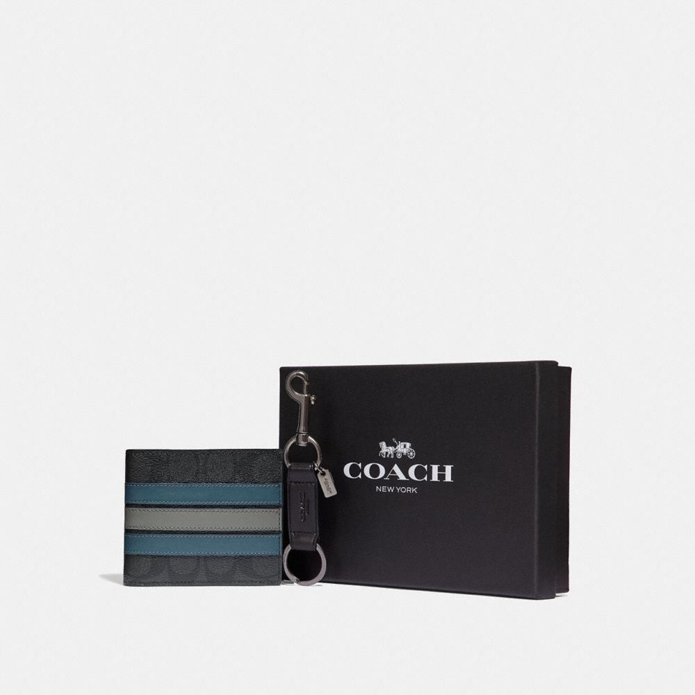 COACH F37944 - BOXED 3-IN-1 WALLET GIFT SET IN SIGNATURE CANVAS WITH VARSITY STRIPE BLACK BLACK MINERAL/BLACK ANTIQUE NICKEL