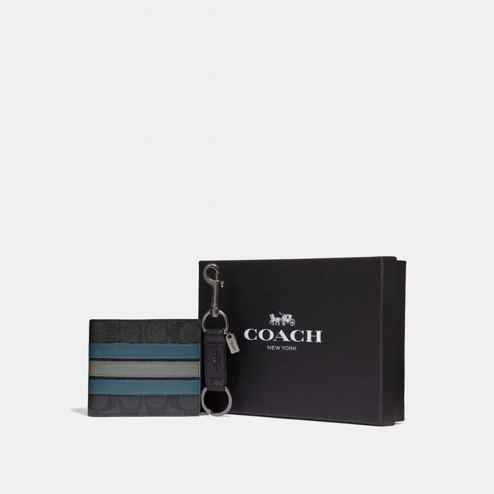 COACH BOXED 3-IN-1 WALLET GIFT SET IN SIGNATURE CANVAS WITH VARSITY STRIPE - BLACK BLACK MINERAL/BLACK ANTIQUE NICKEL - F37944