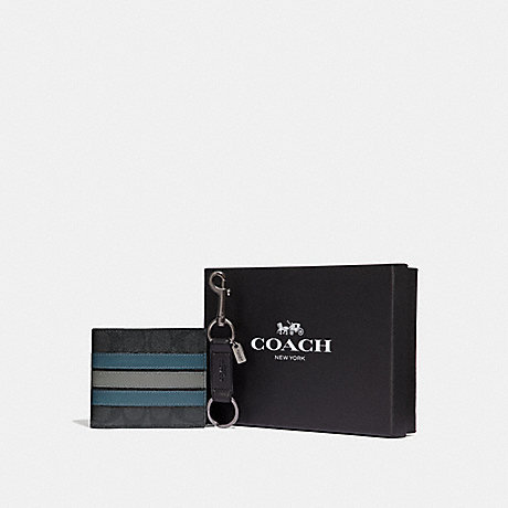 COACH F37944 BOXED 3-IN-1 WALLET GIFT SET IN SIGNATURE CANVAS WITH VARSITY STRIPE BLACK BLACK MINERAL/BLACK ANTIQUE NICKEL