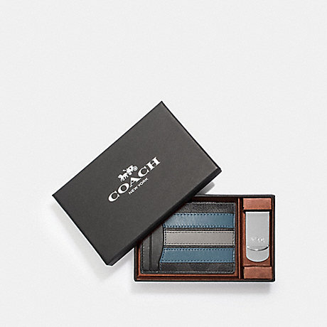COACH F37945 BOXED 3-IN-1 CARD CASE GIFT SET IN SIGNATURE CANVAS WITH VARSITY STRIPE BLACK-BLACK-MINERAL/NICKEL