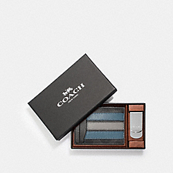 BOXED 3-IN-1 CARD CASE GIFT SET IN SIGNATURE CANVAS WITH VARSITY STRIPE - COACH F37945 - BLACK BLACK MINERAL/NICKEL