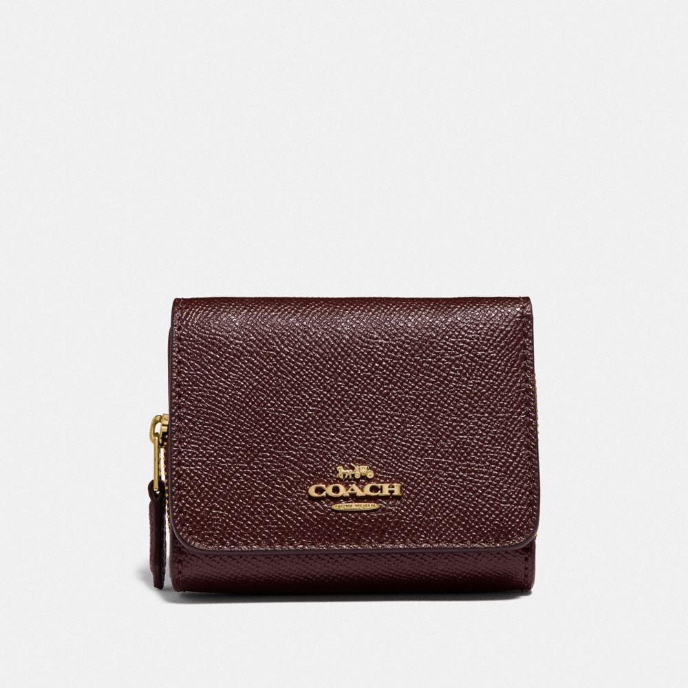 COACH SMALL TRIFOLD WALLET - METALLIC CURRANT/OXBLOOD 1/LIGHT GOLD - F37968
