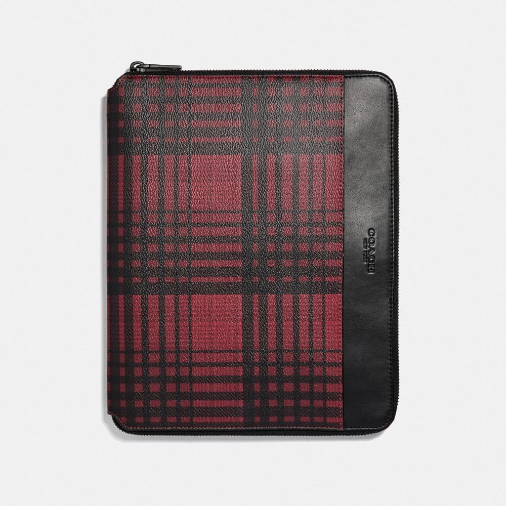 COACH F37989 TECH CASE WITH TWILL PLAID PRINT RED MULTI/BLACK ANTIQUE NICKEL