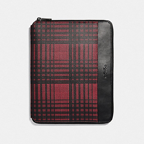 COACH F37989 TECH CASE WITH TWILL PLAID PRINT RED-MULTI/BLACK-ANTIQUE-NICKEL