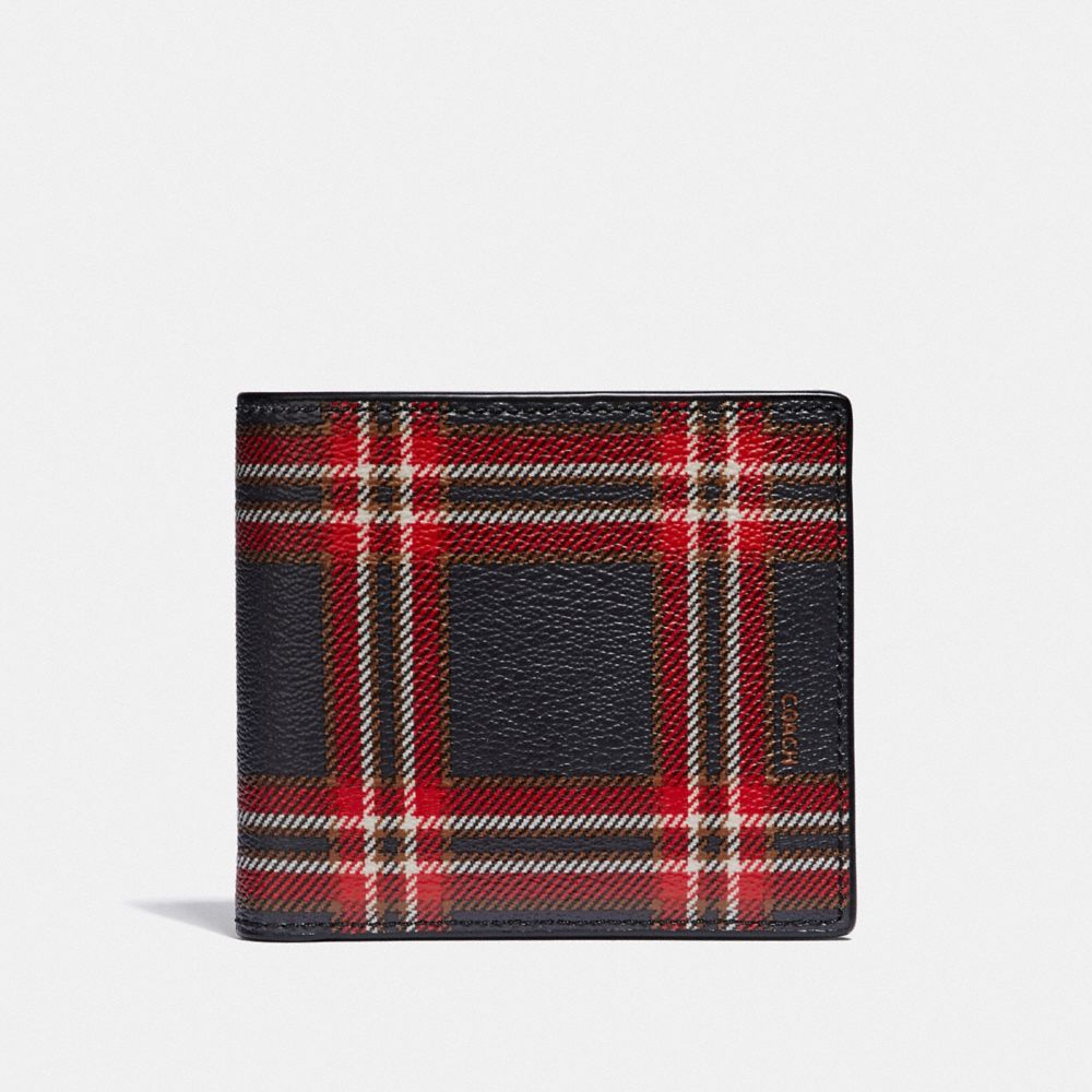 COACH F38022 DOUBLE BILLFOLD WALLET WITH SCRIPT PLAID PRINT MIDNIGHT NAVY MULTI/BLACK ANTIQUE NICKEL