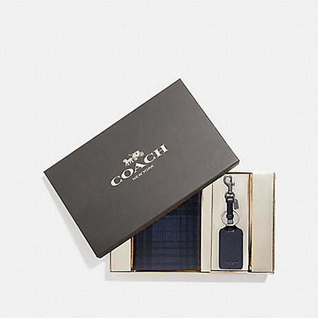 COACH F38038 BOXED PASSPORT CASE AND LUGGAGE TAG SET WITH TWILL PLAID PRINT MIDNIGHT-NAVY-MULTI/BLACK-ANTIQUE-NICKEL