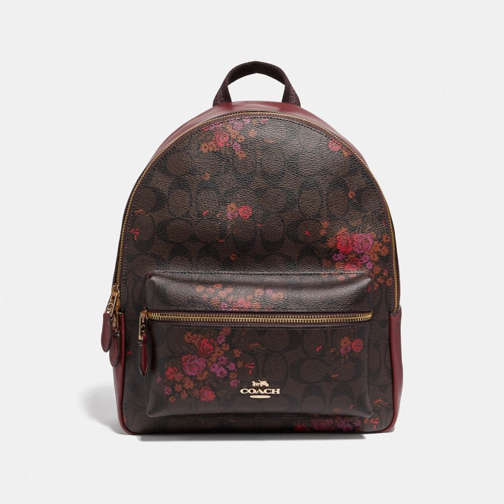 MEDIUM CHARLIE BACKPACK IN SIGNATURE CANVAS WITH FLORAL BUNDLE PRINT - BROWN/METALLIC CURRANT/LIGHT GOLD - COACH F38049
