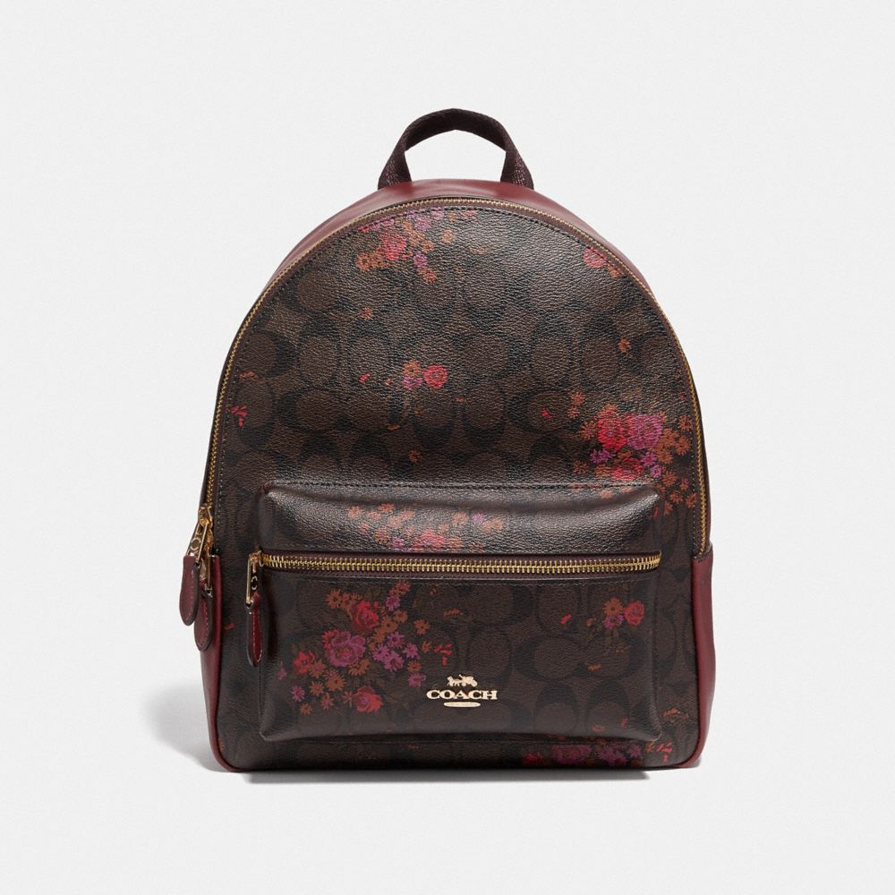 COACH F38049 MEDIUM CHARLIE BACKPACK IN SIGNATURE CANVAS WITH FLORAL BUNDLE PRINT BROWN/METALLIC CURRANT/LIGHT GOLD