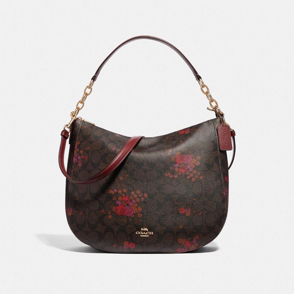 ELLE HOBO IN SIGNATURE CANVAS WITH FLORAL BUNDLE PRINT - F38050 - BROWN/METALLIC CURRANT/LIGHT GOLD