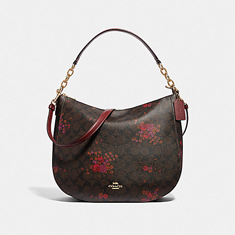 COACH ELLE HOBO IN SIGNATURE CANVAS WITH FLORAL BUNDLE PRINT - BROWN/METALLIC CURRANT/LIGHT GOLD - F38050