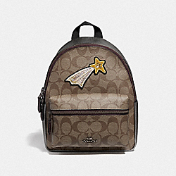 COACH F38059 Mini Charlie Backpack In Signature Canvas With Glitter Patch KHAKI/GUNMETAL MULTI/BLACK ANTIQUE NICKEL