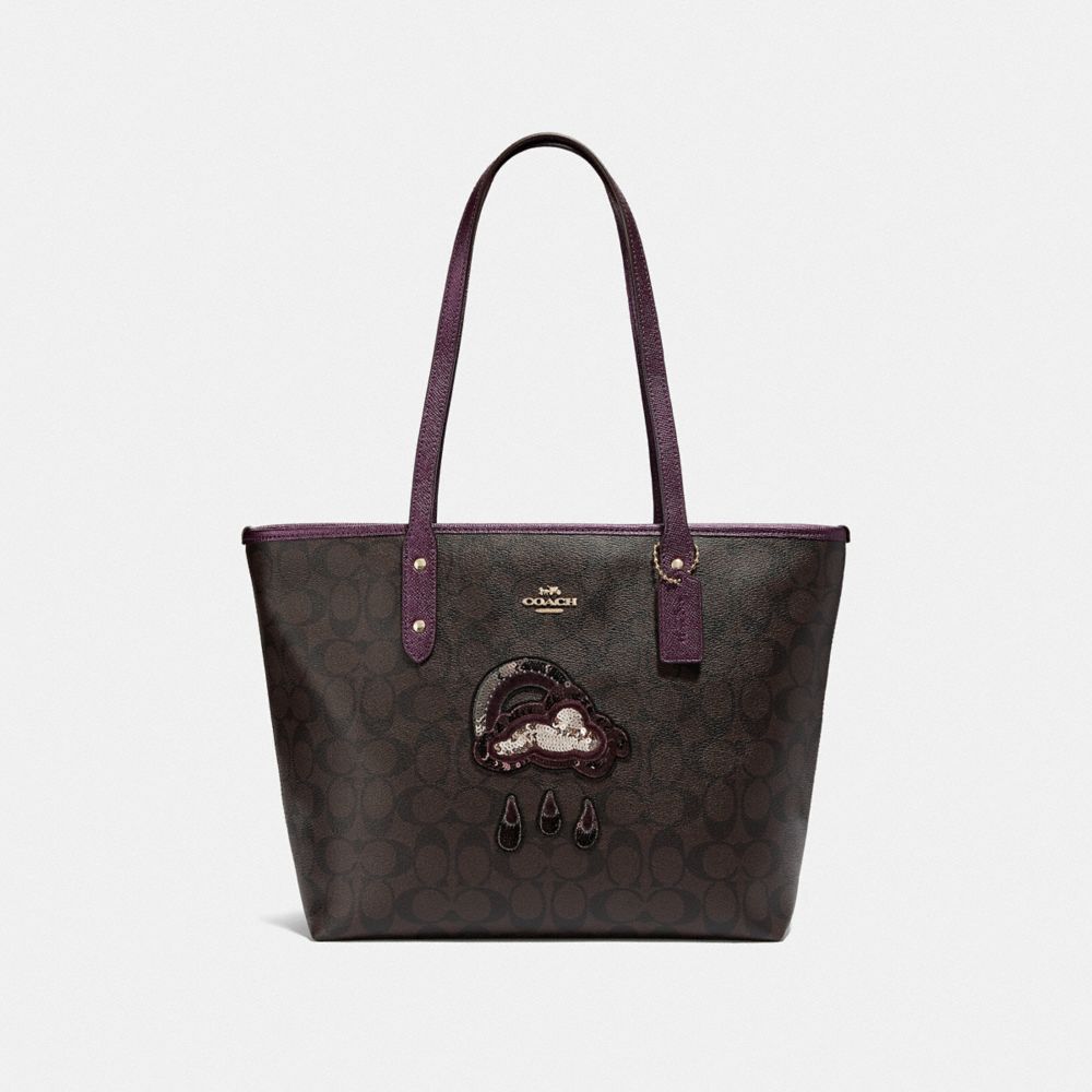 COACH F38060 City Zip Tote In Signature Canvas With Glitter Patch BROWN/METALLIC RASPBERRY MULTI/LIGHT GOLD
