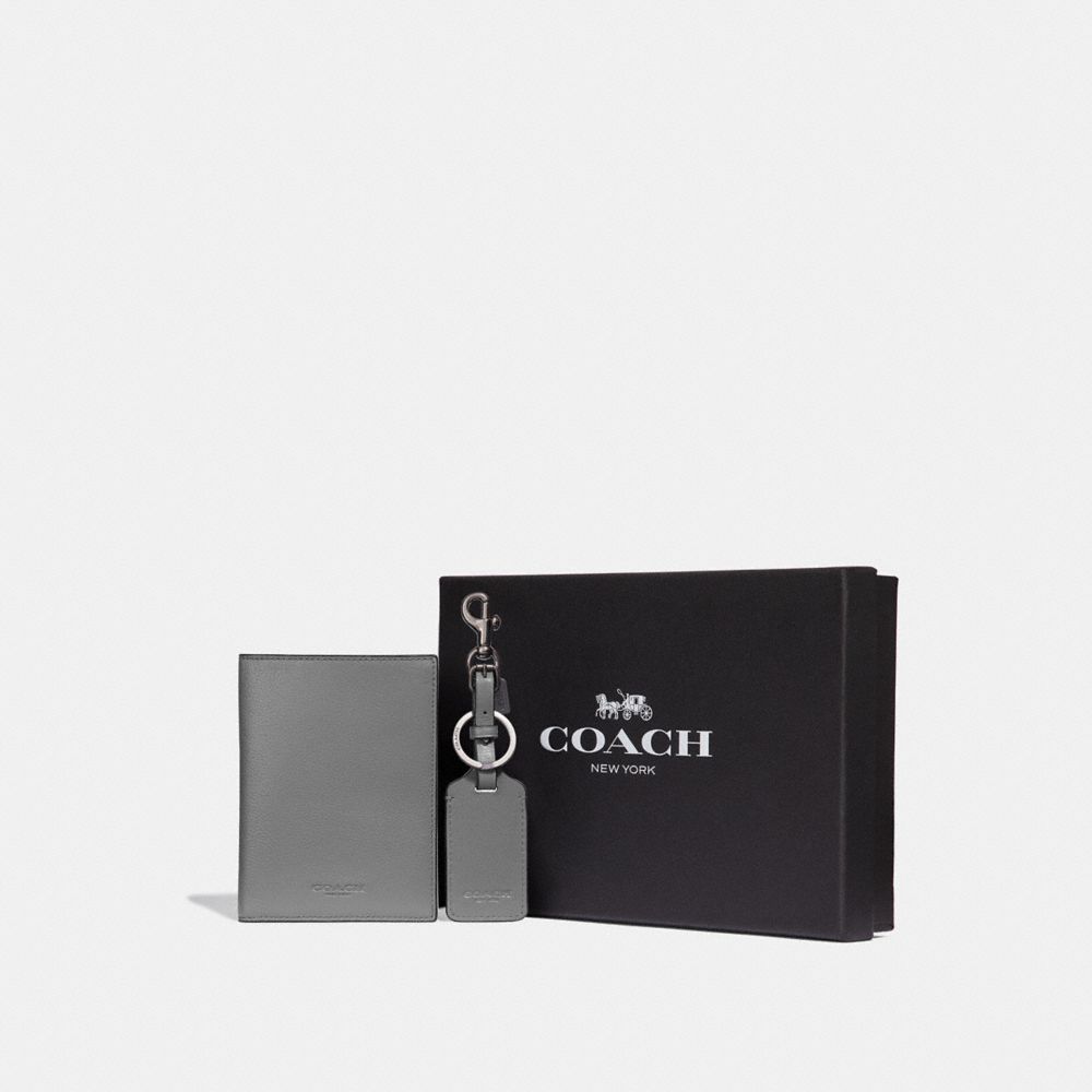 COACH F38064 BOXED PASSPORT CASE AND LUGGAGE TAG SET HEATHER GREY/BLACK ANTIQUE NICKEL