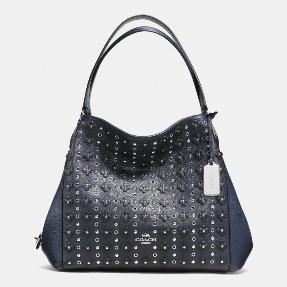 COACH F38077 - EDIE SHOULDER BAG 31 IN FLORAL RIVETS LEATHER SILVER/NAVY/BLACK