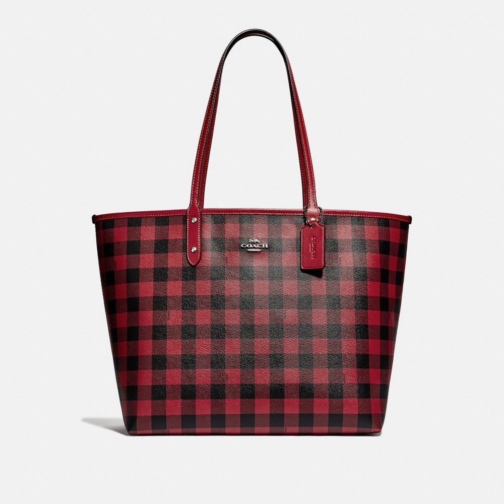 REVERSIBLE CITY TOTE WITH GINGHAM PRINT - BLACK RUBY/RUBY/SILVER - COACH F38094