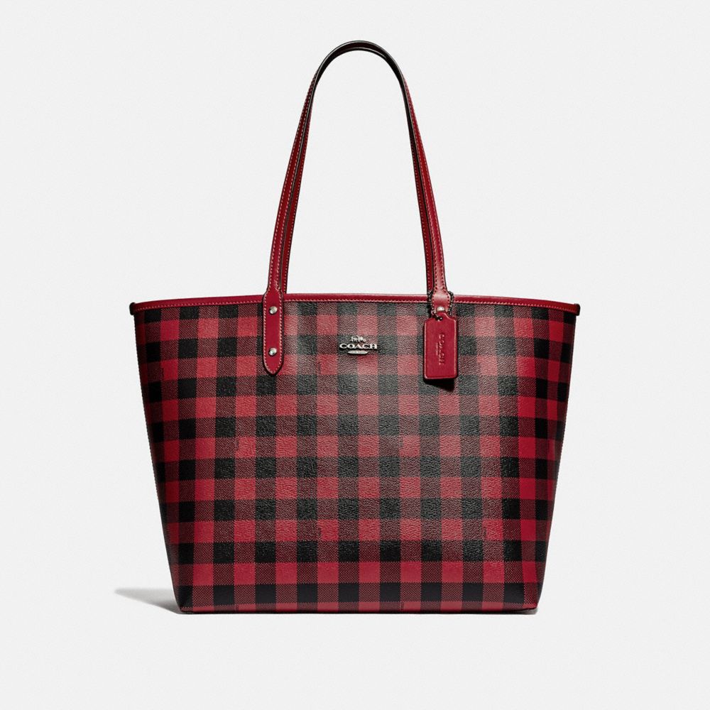 COACH F38094 REVERSIBLE CITY TOTE WITH GINGHAM PRINT BLACK RUBY/RUBY/SILVER