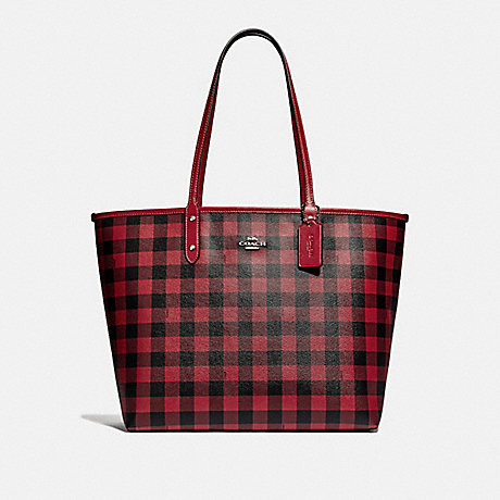 COACH REVERSIBLE CITY TOTE WITH GINGHAM PRINT - BLACK RUBY/RUBY/SILVER - F38094