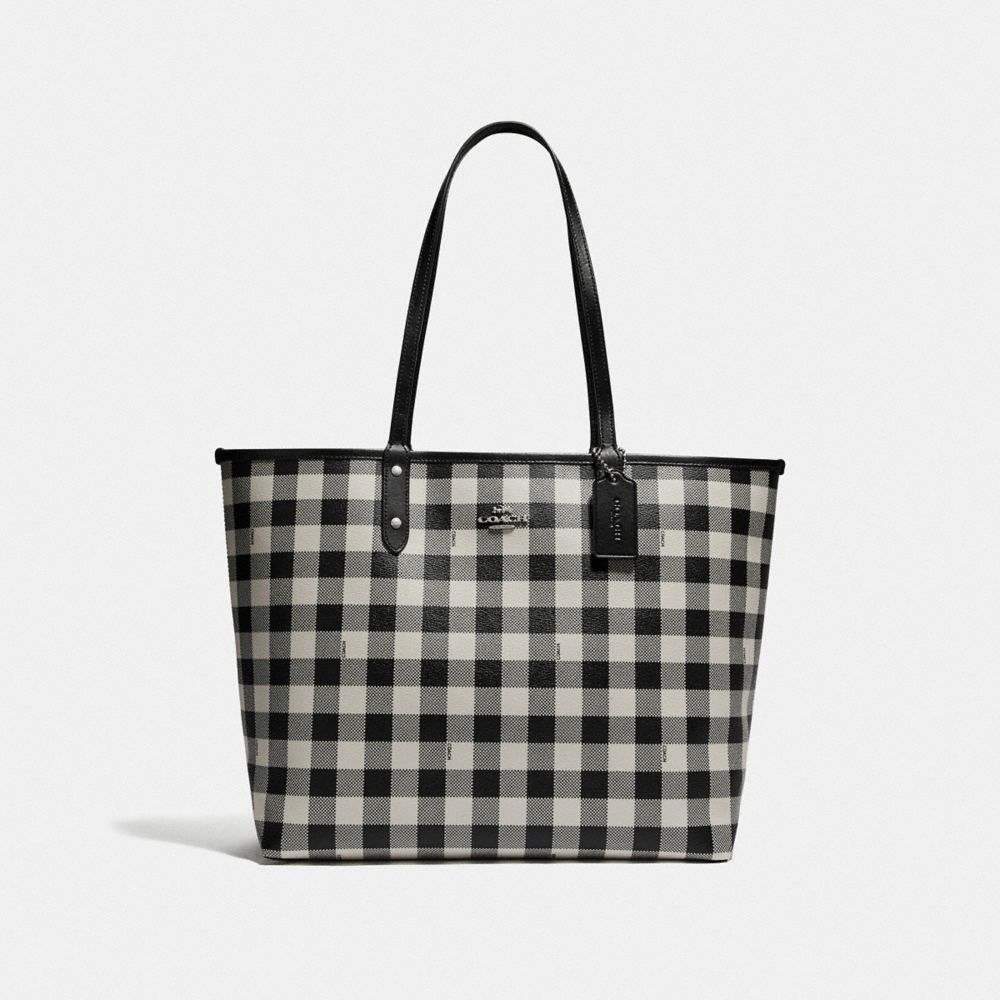 REVERSIBLE CITY TOTE WITH GINGHAM PRINT - BLACK CHALK/BLACK/SILVER - COACH F38094