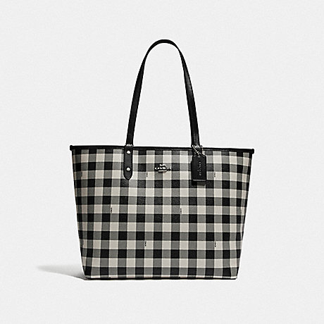 COACH REVERSIBLE CITY TOTE WITH GINGHAM PRINT - BLACK CHALK/BLACK/SILVER - F38094