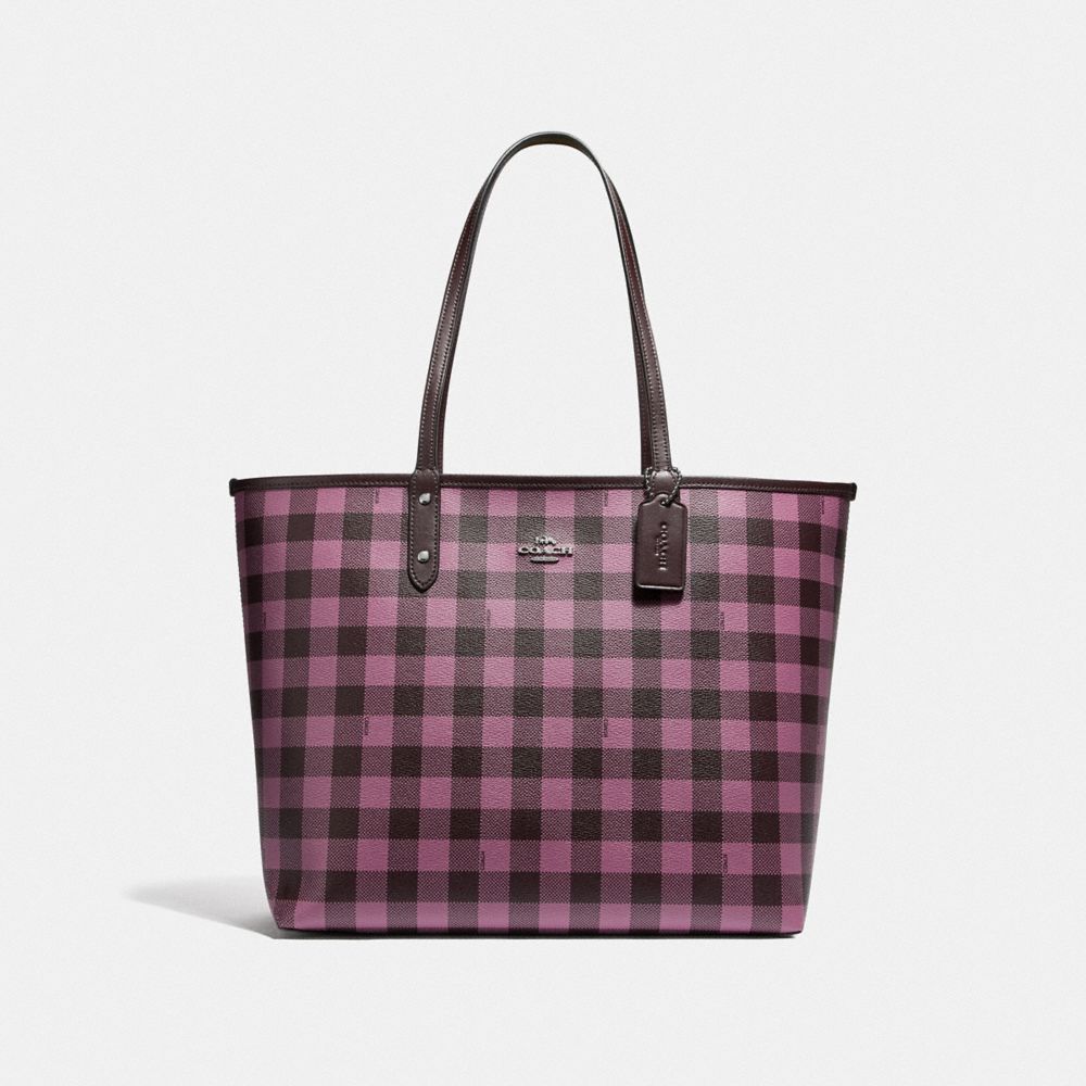 REVERSIBLE CITY TOTE WITH GINGHAM PRINT - OXBLOOD PRIMROSE/OXBLOOD/SILVER - COACH F38094