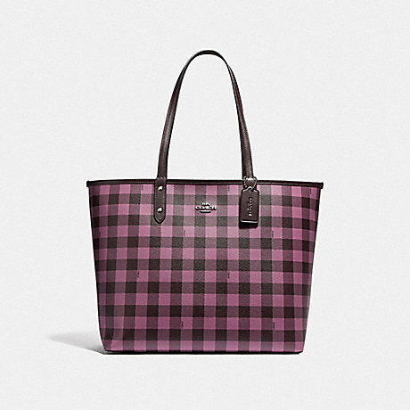 COACH REVERSIBLE CITY TOTE WITH GINGHAM PRINT - OXBLOOD PRIMROSE/OXBLOOD/SILVER - F38094