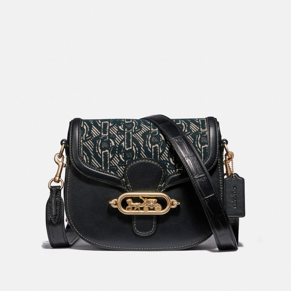 ELLE SADDLE BAG WITH CHAIN PRINT - F38111 - BLACK/LIGHT GOLD