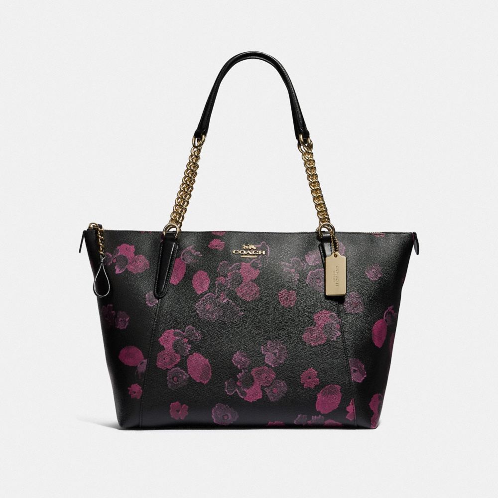 AVA CHAIN TOTE WITH HALFTONE FLORAL PRINT - F38114 - BLACK/WINE/LIGHT GOLD