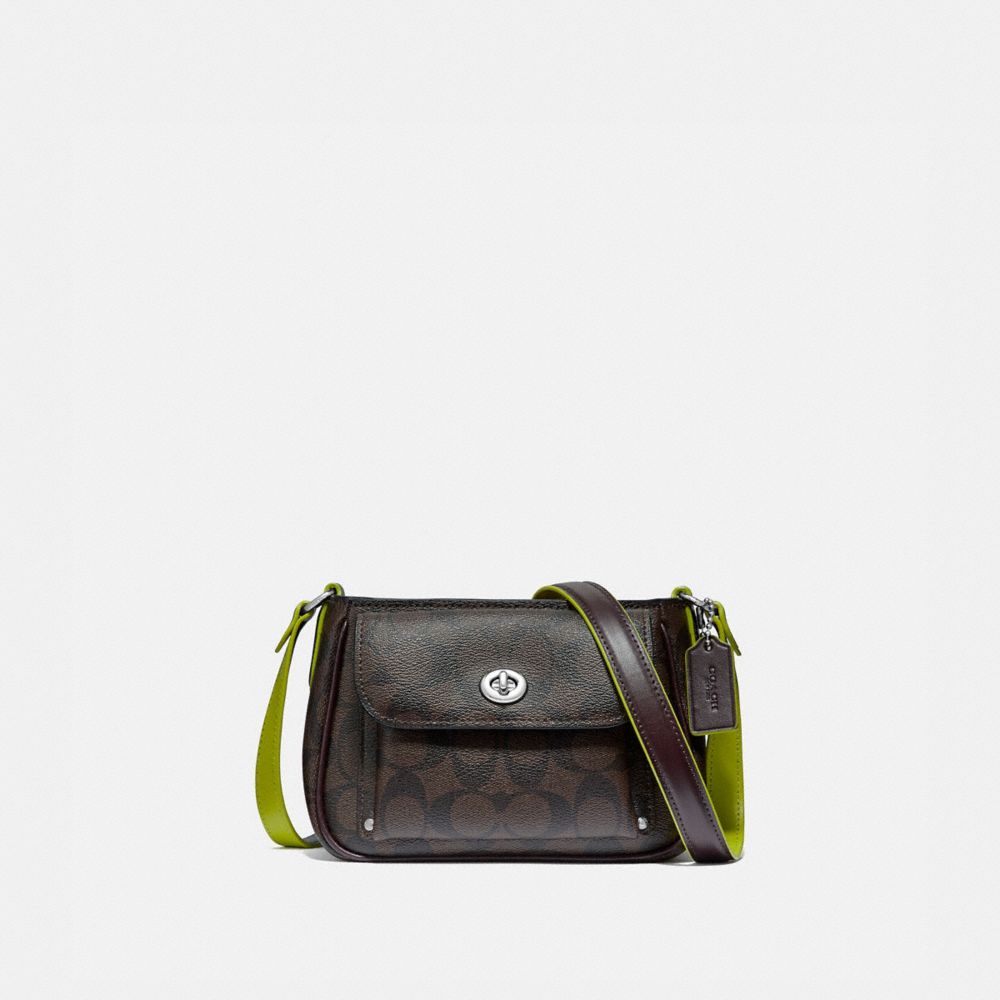 SADIE CROSSBODY IN SIGNATURE CANVAS - F38121 - BROWN/NEON YELLOW/SILVER