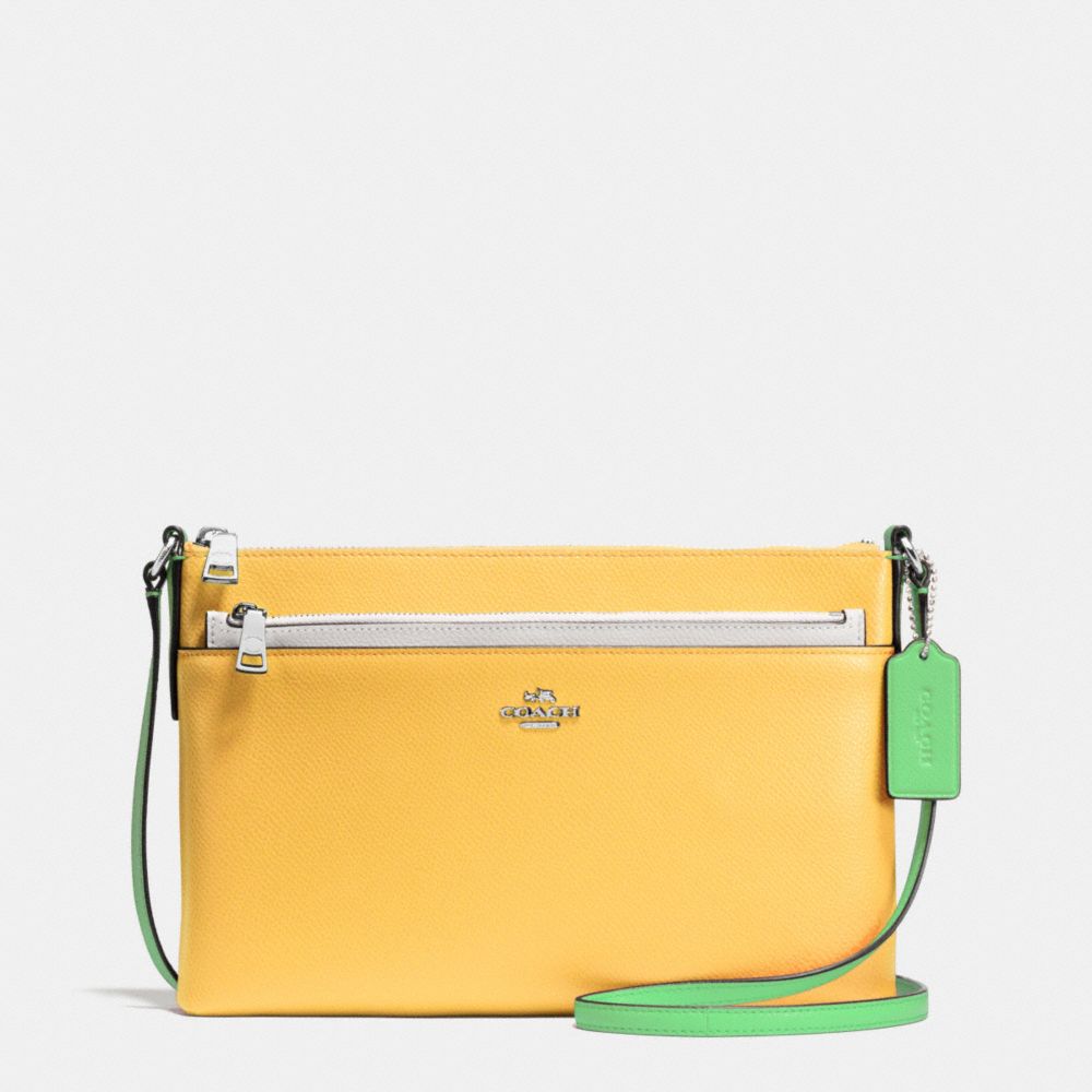 COACH F38122 EAST/WEST CROSSBODY WITH POP UP POUCH IN COLORBLOCK LEATHER SILVER/CANARY-MULTI