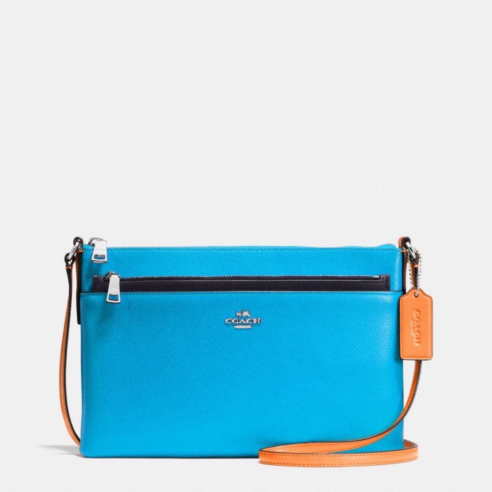 EAST/WEST CROSSBODY WITH POP UP POUCH IN COLORBLOCK LEATHER - f38122 - SILVER/AZURE MULTI