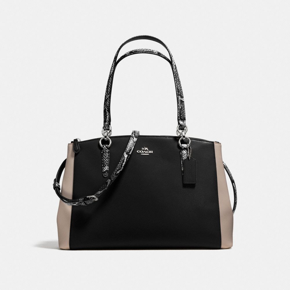 COACH F38249 - CHRISTIE CARRYALL IN CROSSGRAIN LEATHER WITH EXOTIC-EMBOSSED TRIM SILVER/BLACK MULTI