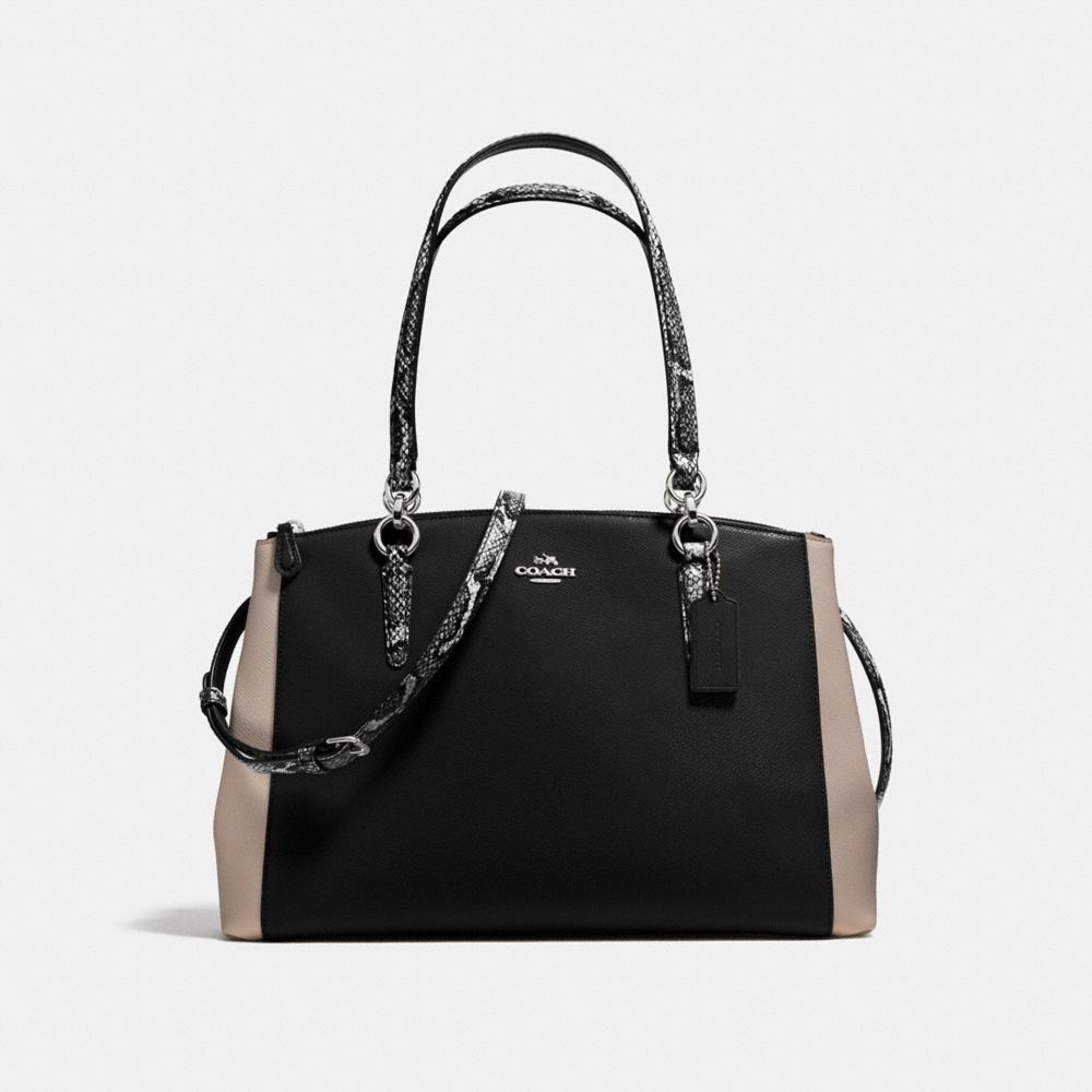 COACH CHRISTIE CARRYALL IN CROSSGRAIN LEATHER WITH EXOTIC-EMBOSSED TRIM - SILVER/BLACK MULTI - F38249