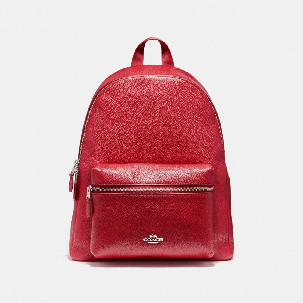 COACH F38288 Charlie Backpack In Pebble Leather SILVER/TRUE RED