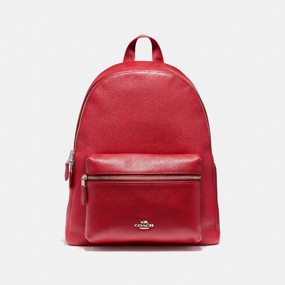 COACH f38288 CHARLIE BACKPACK IN PEBBLE LEATHER SILVER/TRUE RED