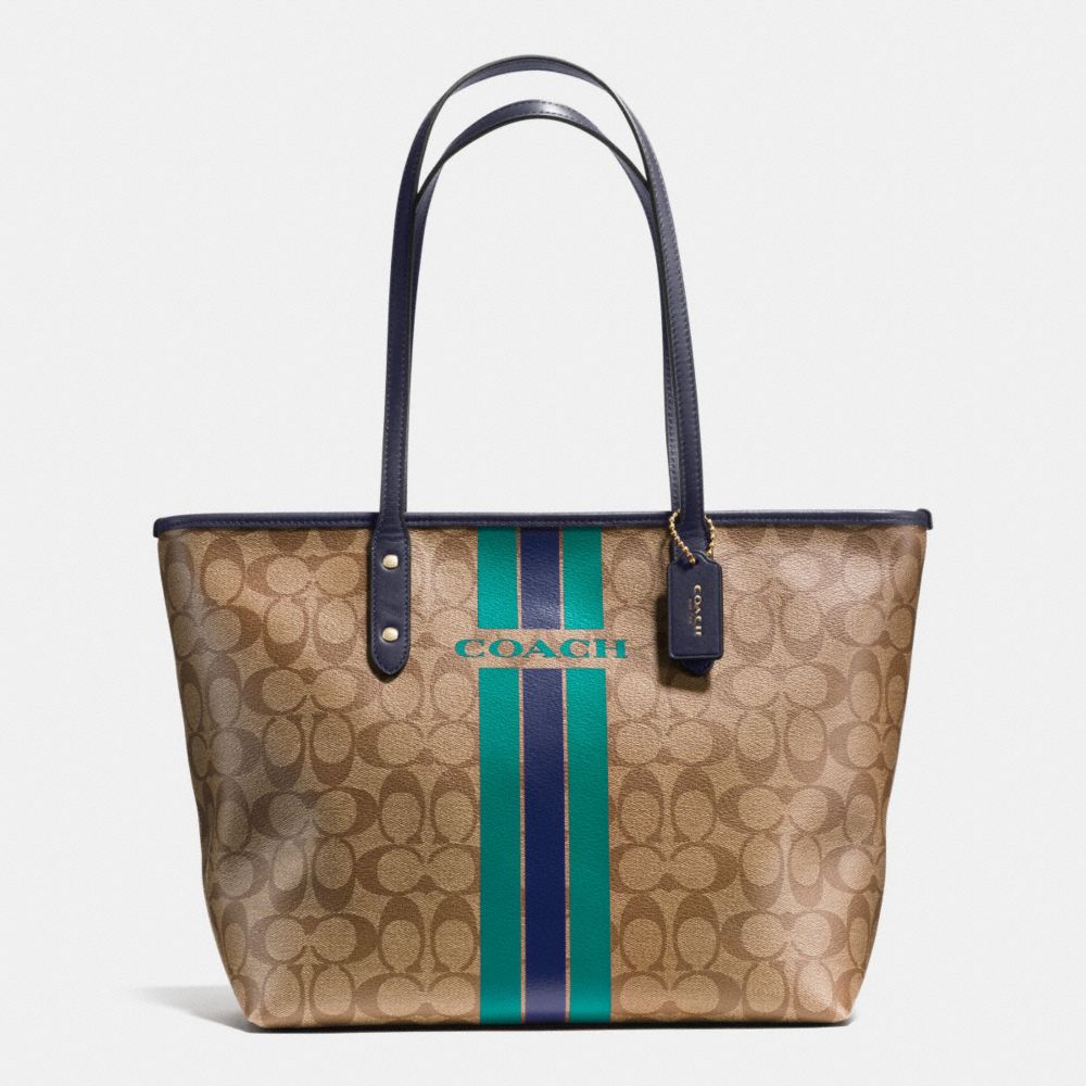 COACH f38405 COACH VARSITY STRIPE CITY ZIP TOTE IN SIGNATURE IMITATION GOLD/KHAKI/MIDNIGHT