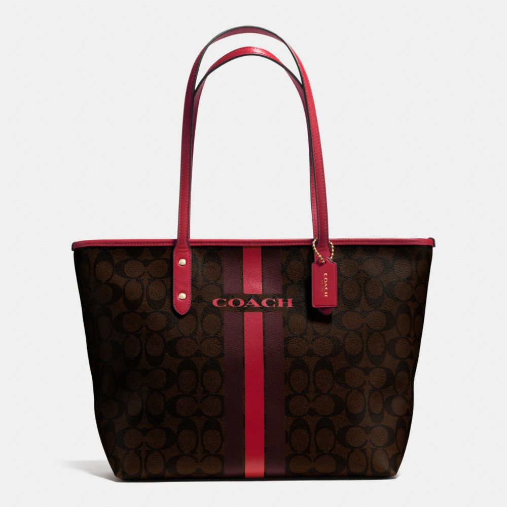 COACH COACH VARSITY STRIPE CITY ZIP TOTE IN SIGNATURE - IMITATION GOLD/BROWN TRUE RED - f38405