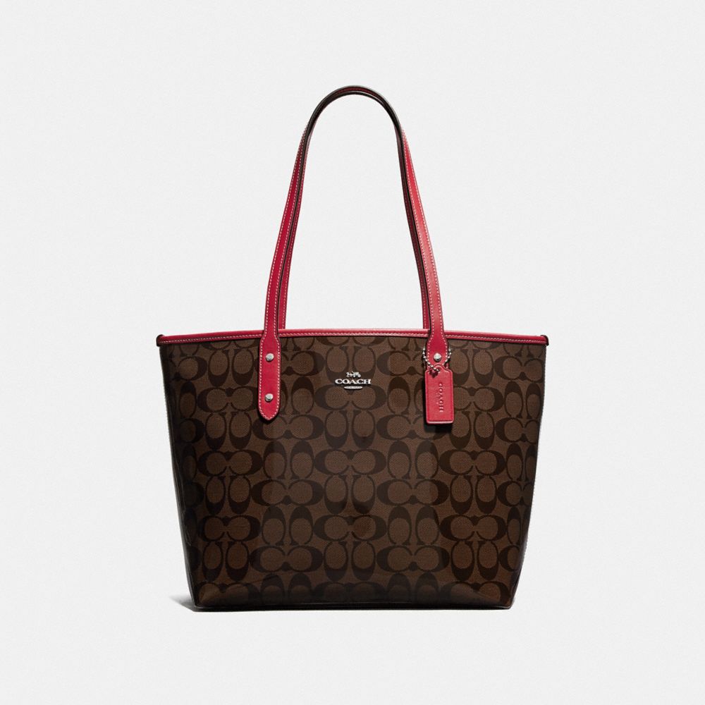 COACH F38555 CITY ZIP TOTE IN SIGNATURE CANVAS BROWN/RED/SILVER