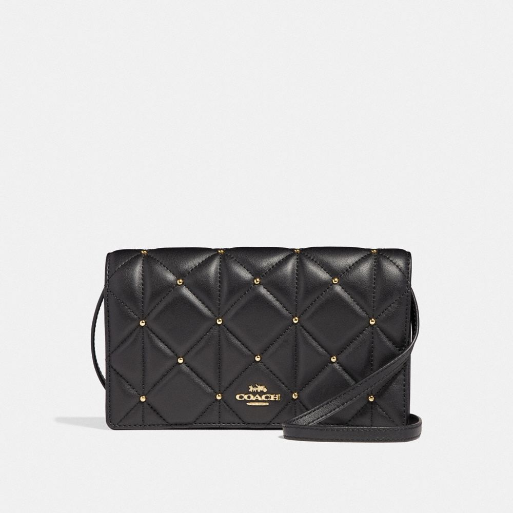 COACH HAYDEN FOLDOVER CROSSBODY CLUTCH WITH STUDDED DIAMOND QUILTING - BLACK/LIGHT GOLD - F38630