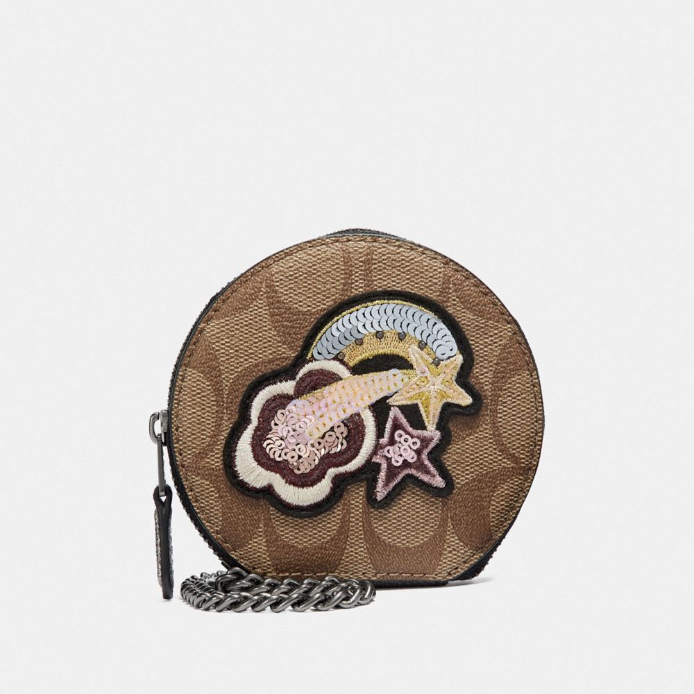 COACH F38635 ROUND COIN CASE IN SIGNATURE CANVAS WITH GLITTER PATCH KHAKI/GUNMETAL-MULTI/BLACK-ANTIQUE-NICKEL