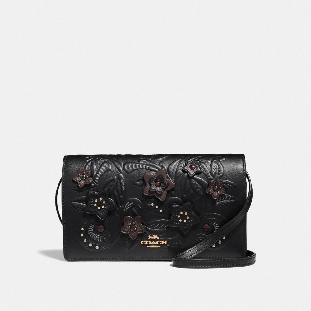 HAYDEN FOLDOVER CROSSBODY CLUTCH WITH FLORAL TOOLING - COACH F38636 - BLACK/MULTI/LIGHT GOLD