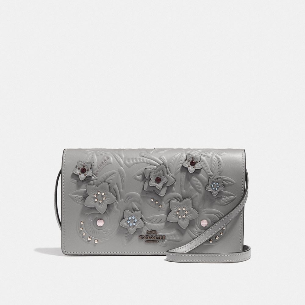 HAYDEN FOLDOVER CROSSBODY CLUTCH WITH FLORAL TOOLING - F38636 - HEATHER GREY MULTI/BLACK ANTIQUE NICKEL