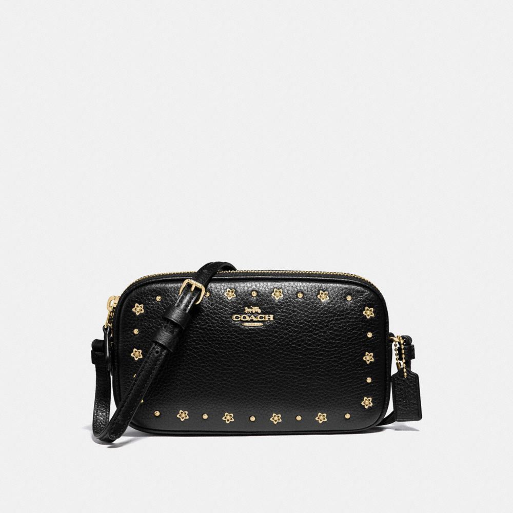 CROSSBODY POUCH WITH FLORAL RIVETS - COACH F38637 - BLACK/LIGHT GOLD