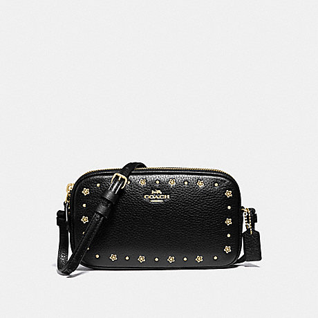 COACH F38637 CROSSBODY POUCH WITH FLORAL RIVETS BLACK/LIGHT GOLD