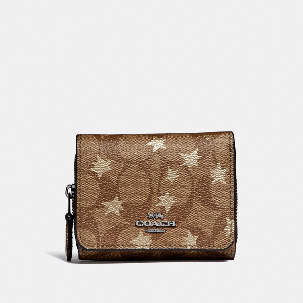 COACH F38642 SMALL TRIFOLD WALLET IN SIGNATURE CANVAS WITH POP STAR PRINT KHAKI MULTI /SILVER